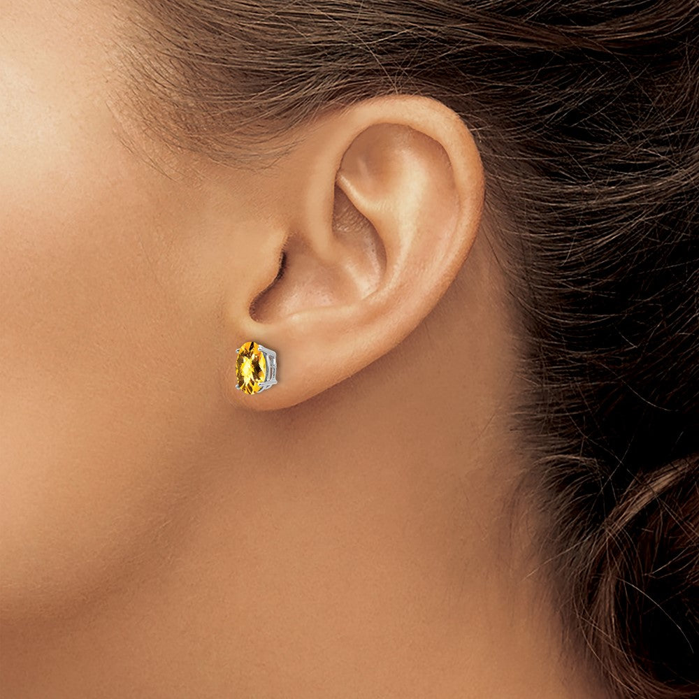 14k White Gold 8x6mm Oval Checker-cut Citrine Post Earrings