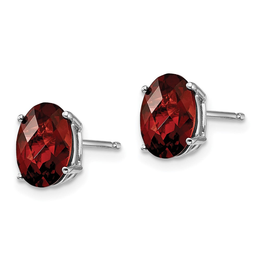 14k White Gold 8x6mm Oval Checker-cut Garnet Post Earrings