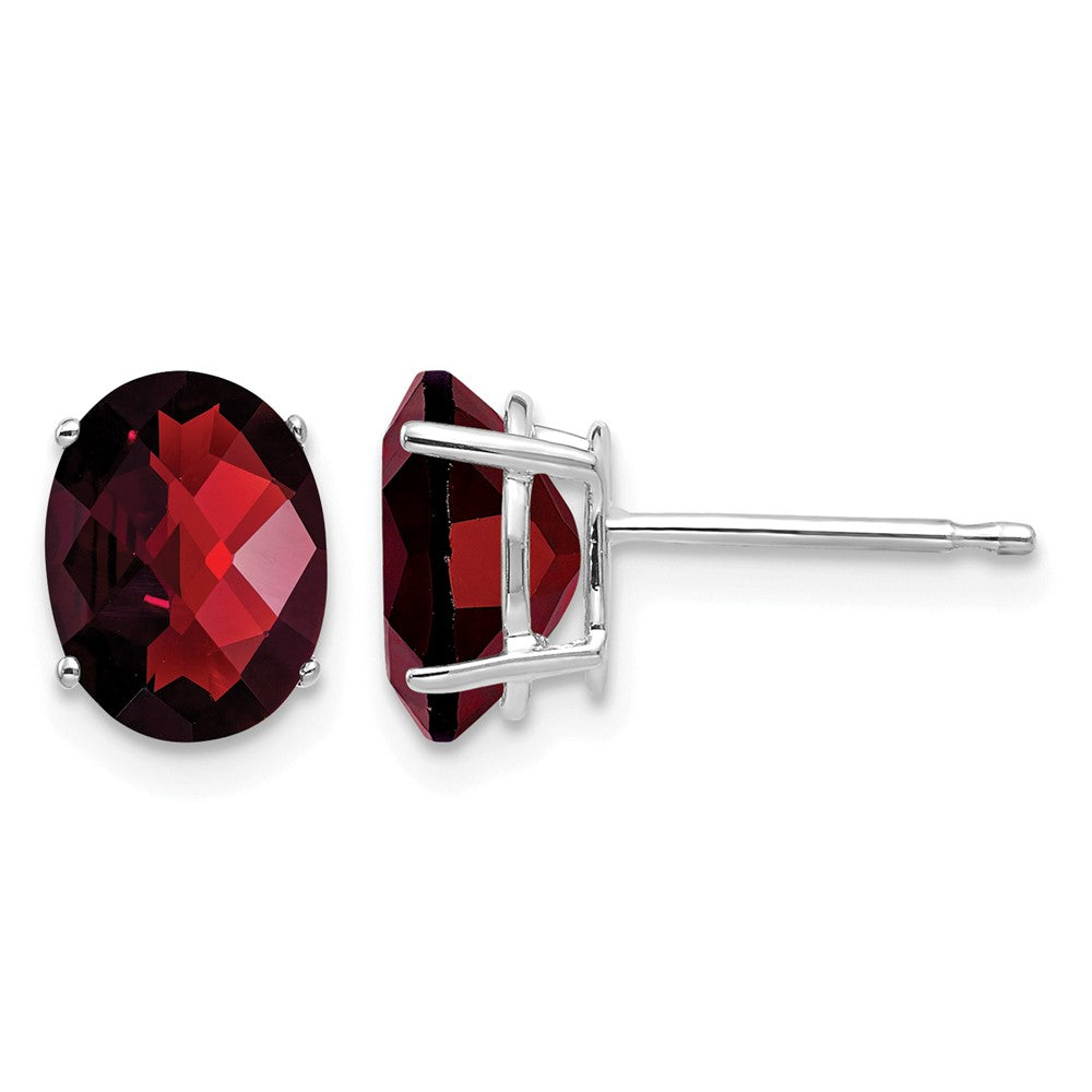14k White Gold 8x6mm Oval Checker-cut Garnet Post Earrings