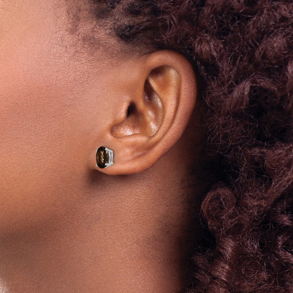 14k White Gold 8x6mm Oval Smoky Quartz Post Earrings