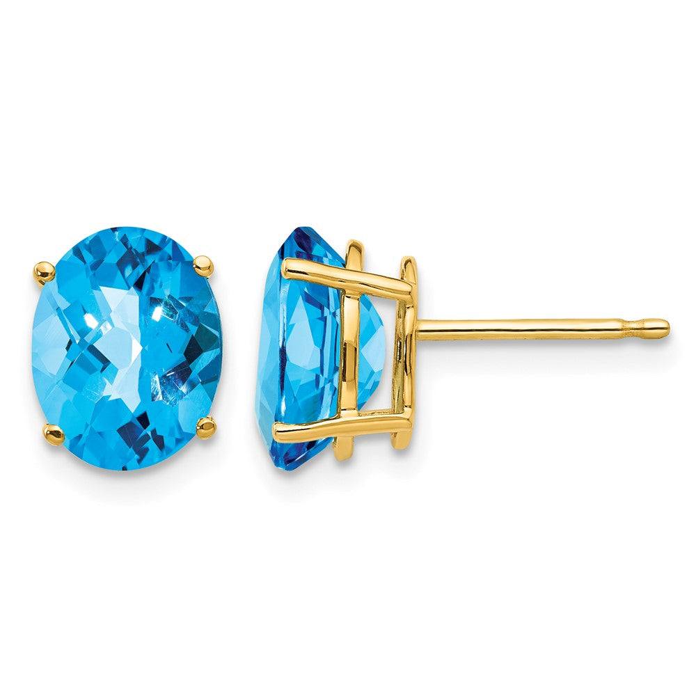 14k 9x7mm Oval Checker-cut Blue Topaz Post Earrings