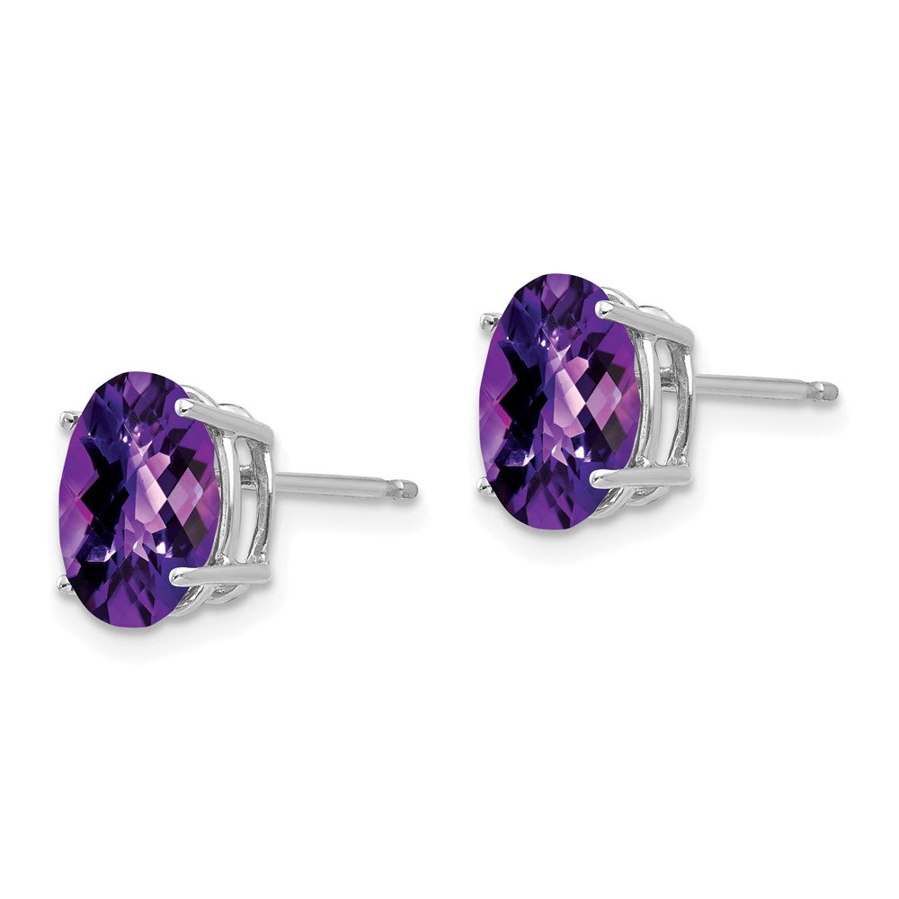 14k White Gold 9x7mm Oval Checker-cut Amethyst Post Earrings