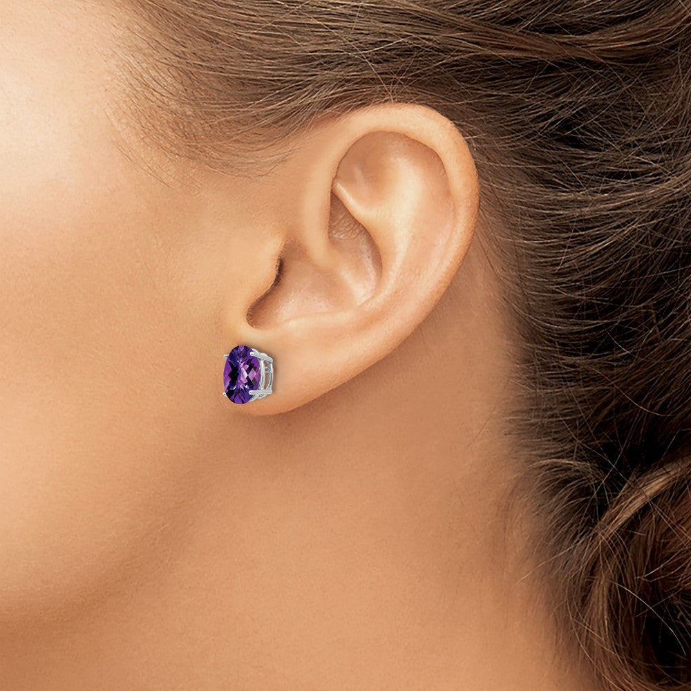 14k White Gold 9x7mm Oval Checker-cut Amethyst Post Earrings