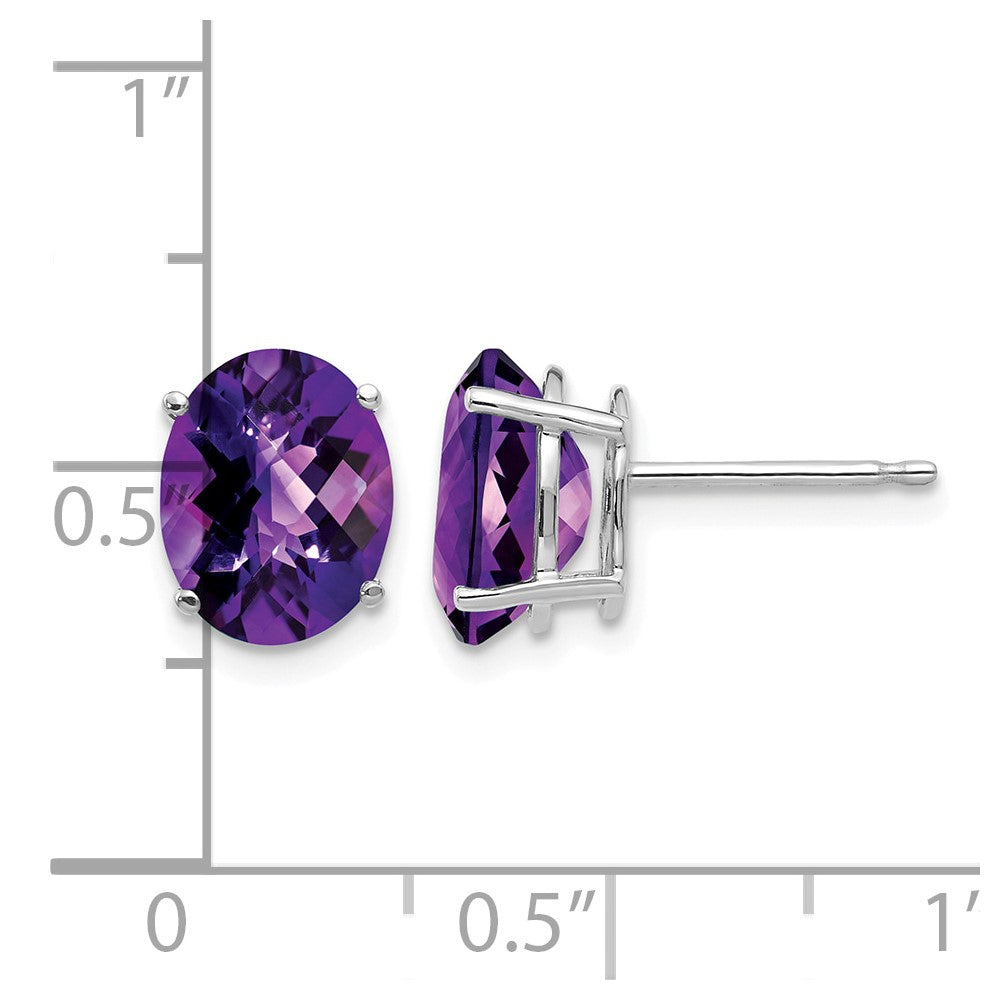 14k White Gold 9x7mm Oval Checker-cut Amethyst Post Earrings