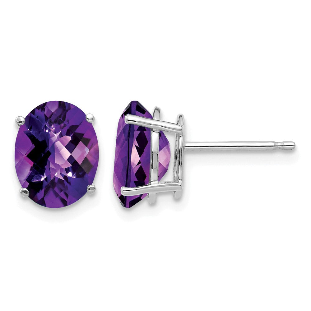 14k White Gold 9x7mm Oval Checker-cut Amethyst Post Earrings