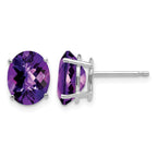 14k White Gold 9x7mm Oval Checker-cut Amethyst Post Earrings