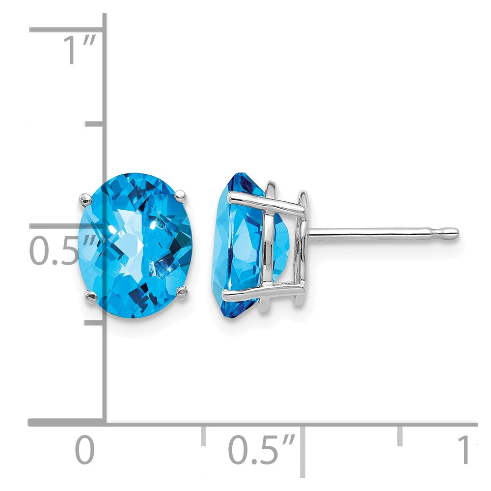 14k White Gold 9x7mm Oval Checker-cut Blue Topaz Post Earrings