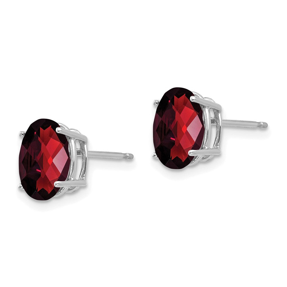 14k White Gold 9x7mm Oval Checker-cut Garnet Post Earrings