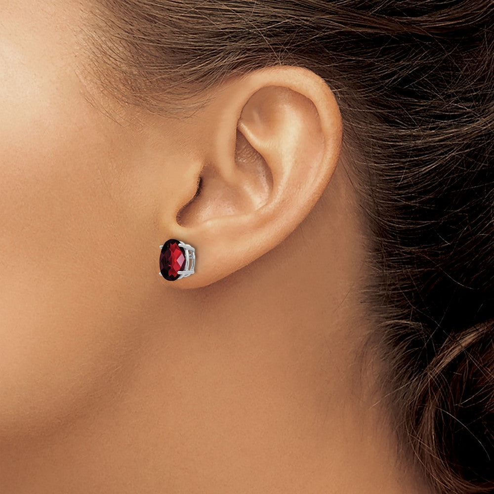 14k White Gold 9x7mm Oval Checker-cut Garnet Post Earrings