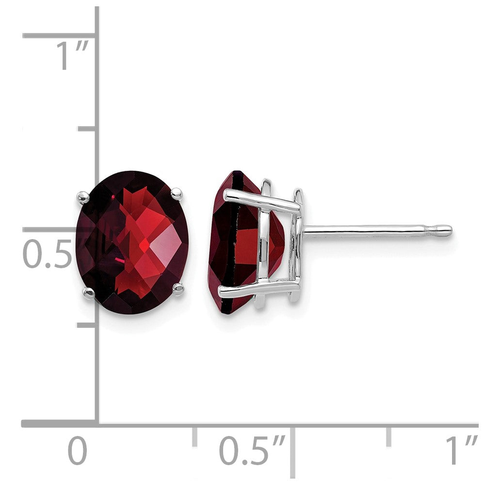14k White Gold 9x7mm Oval Checker-cut Garnet Post Earrings