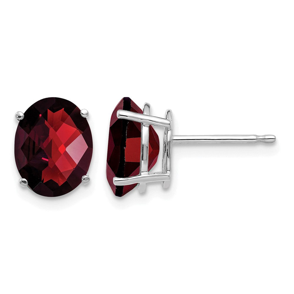 14k White Gold 9x7mm Oval Checker-cut Garnet Post Earrings