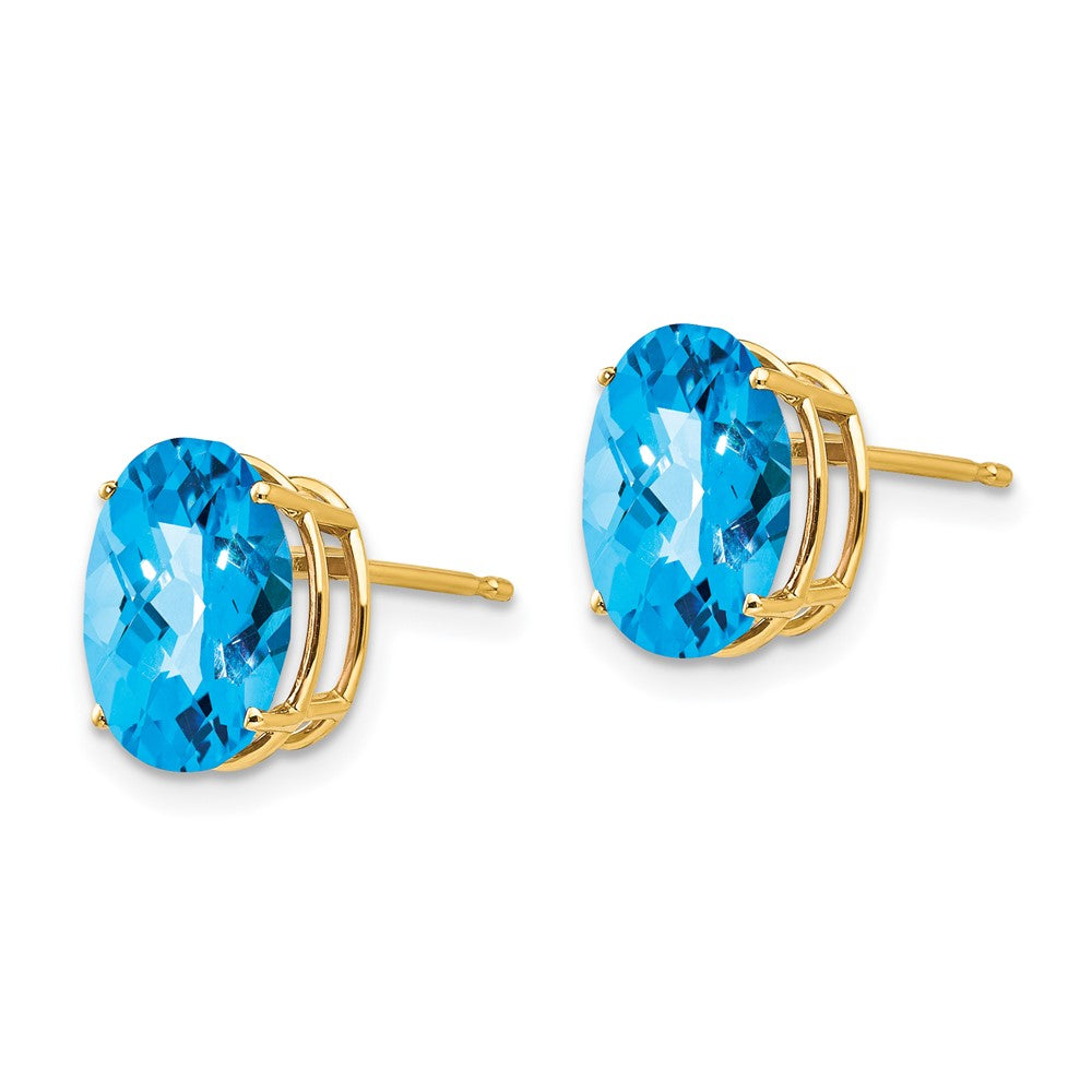 14k 10x8mm Oval Checker-cut Blue Topaz Post Earrings