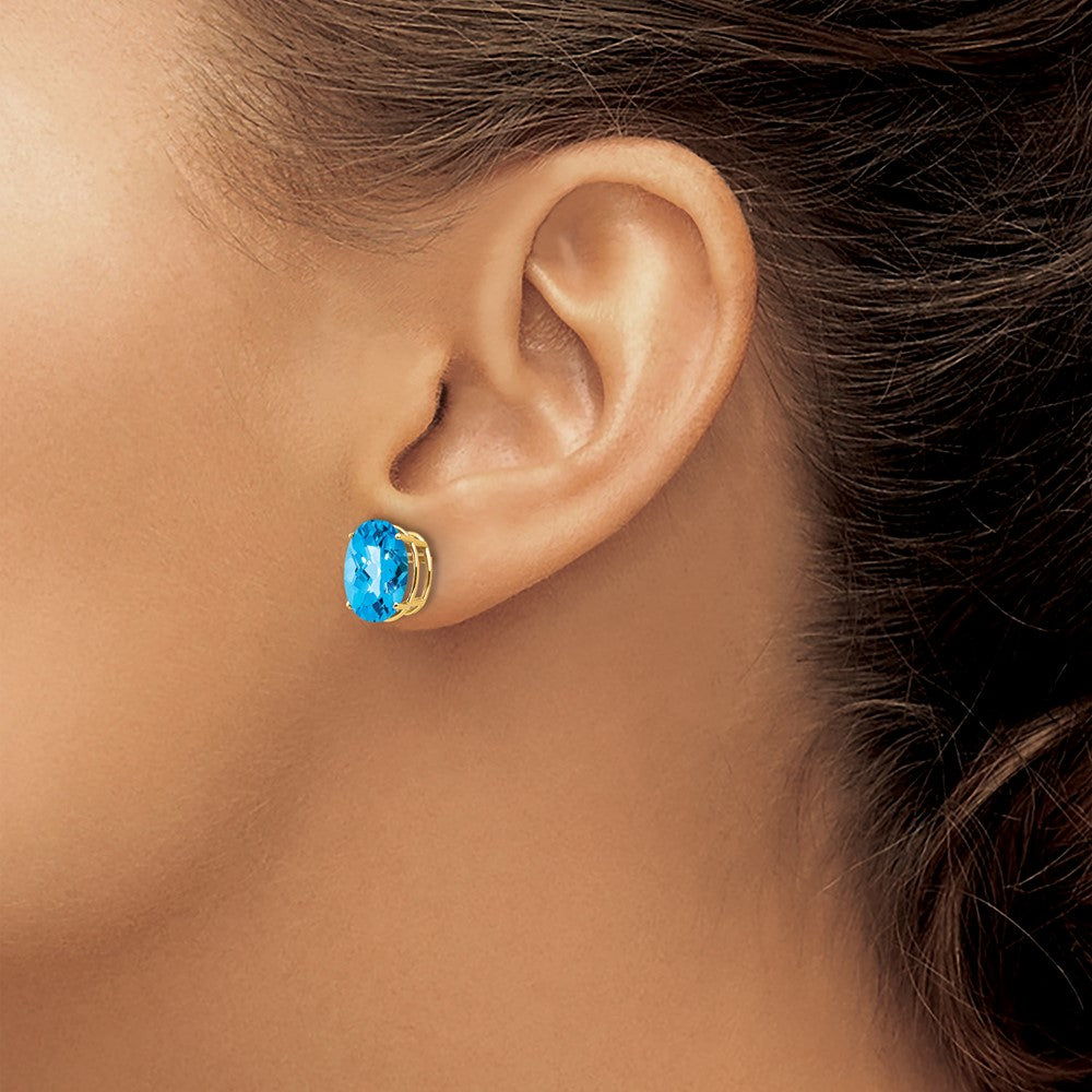 14k 10x8mm Oval Checker-cut Blue Topaz Post Earrings