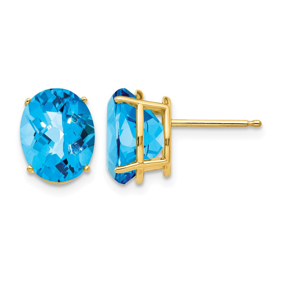 14k 10x8mm Oval Checker-cut Blue Topaz Post Earrings