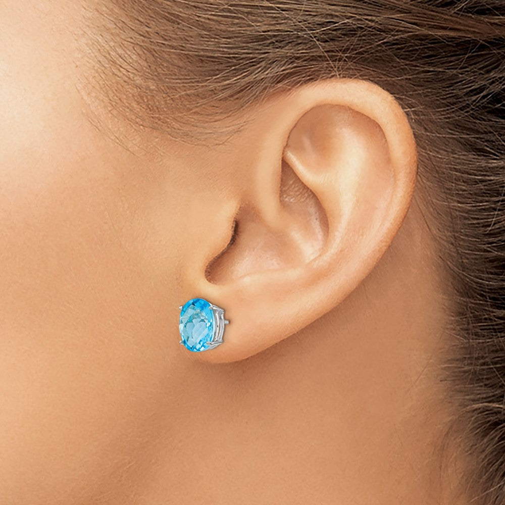 14k White Gold 10x8mm Oval Checker-cut Blue Topaz Post Earrings
