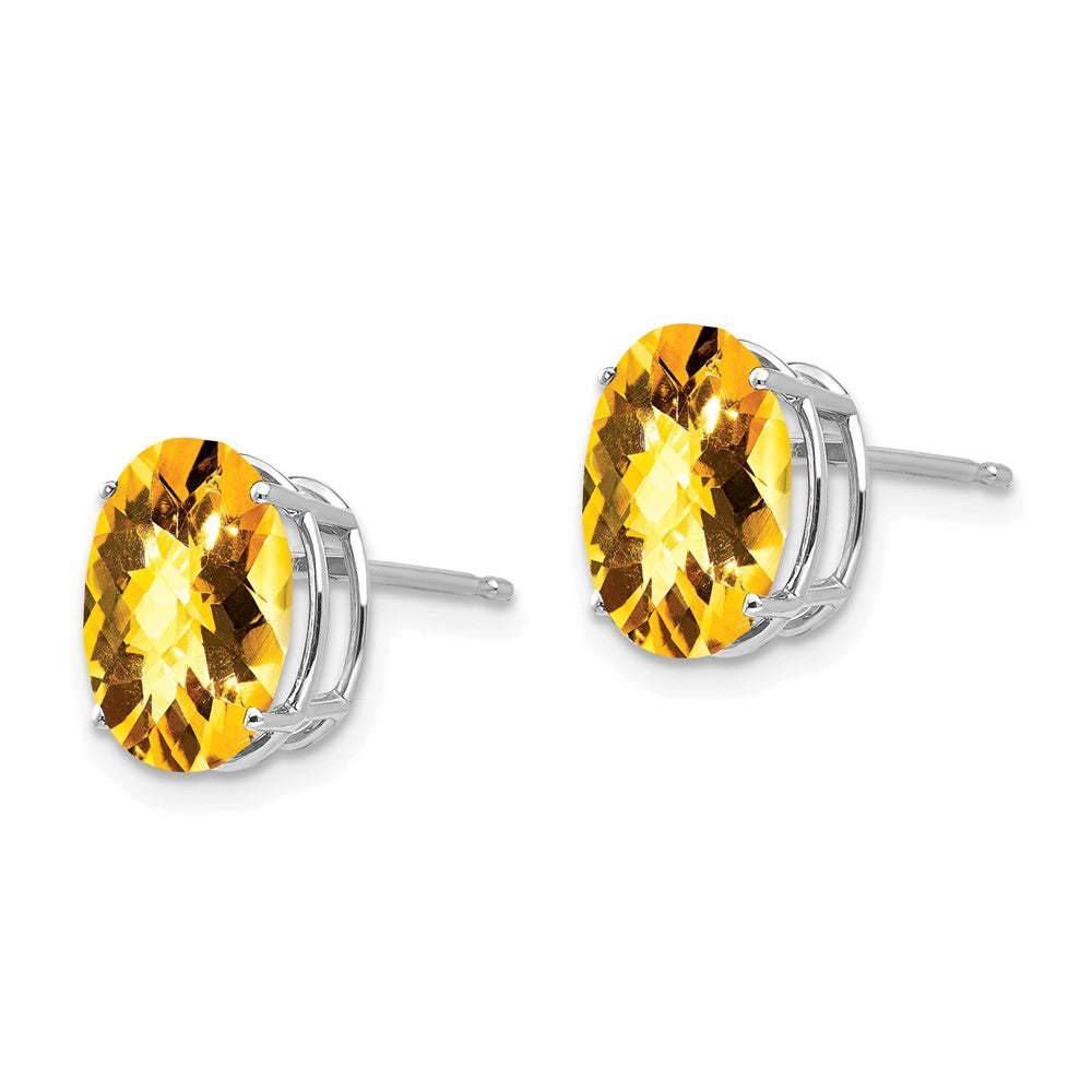 14k White Gold 10x8mm Oval Checker-cut Citrine Post Earrings