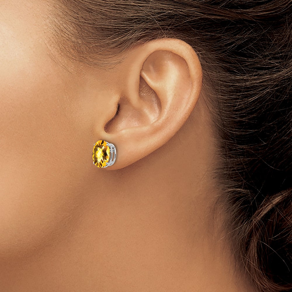 14k White Gold 10x8mm Oval Checker-cut Citrine Post Earrings