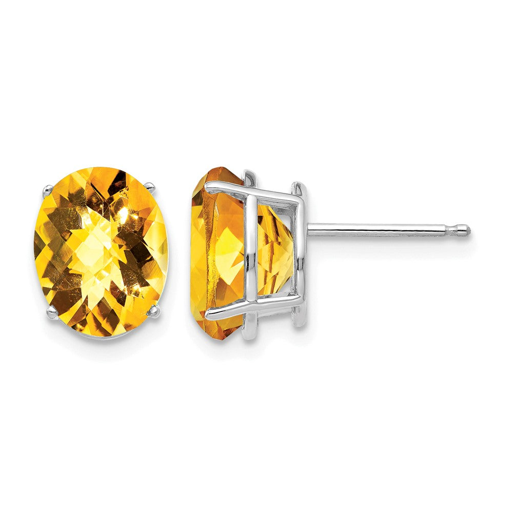 14k White Gold 10x8mm Oval Checker-cut Citrine Post Earrings