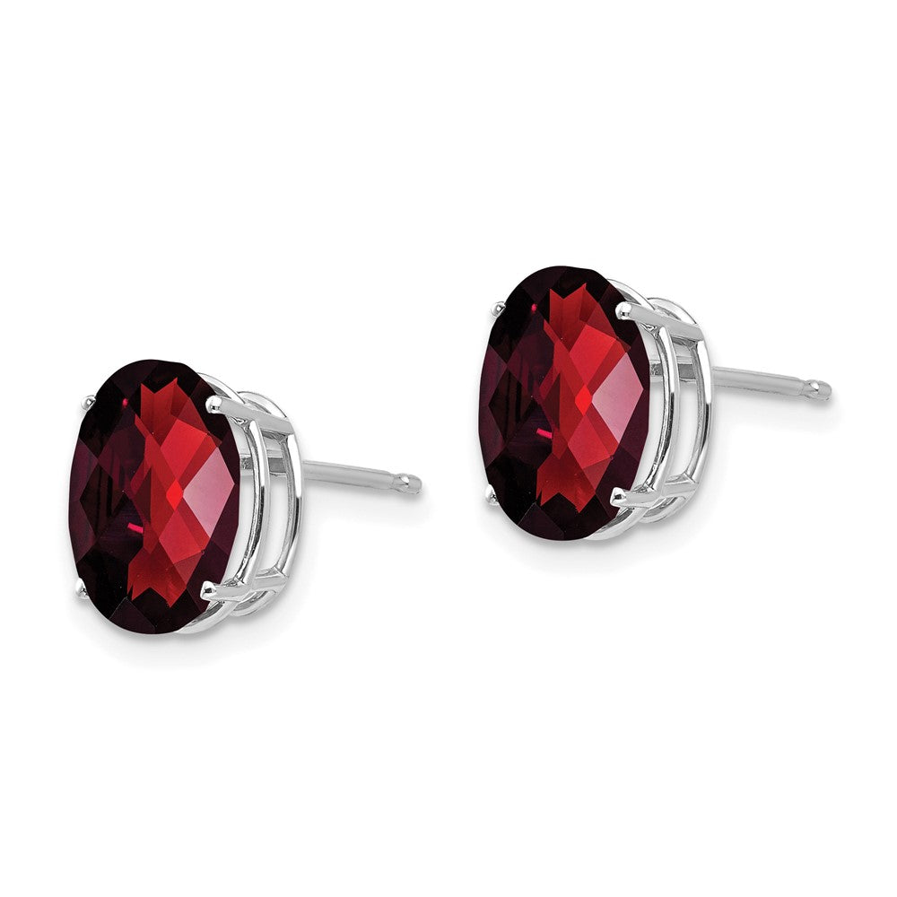 14k White Gold 10x8mm Oval Checker-cut Garnet Post Earrings