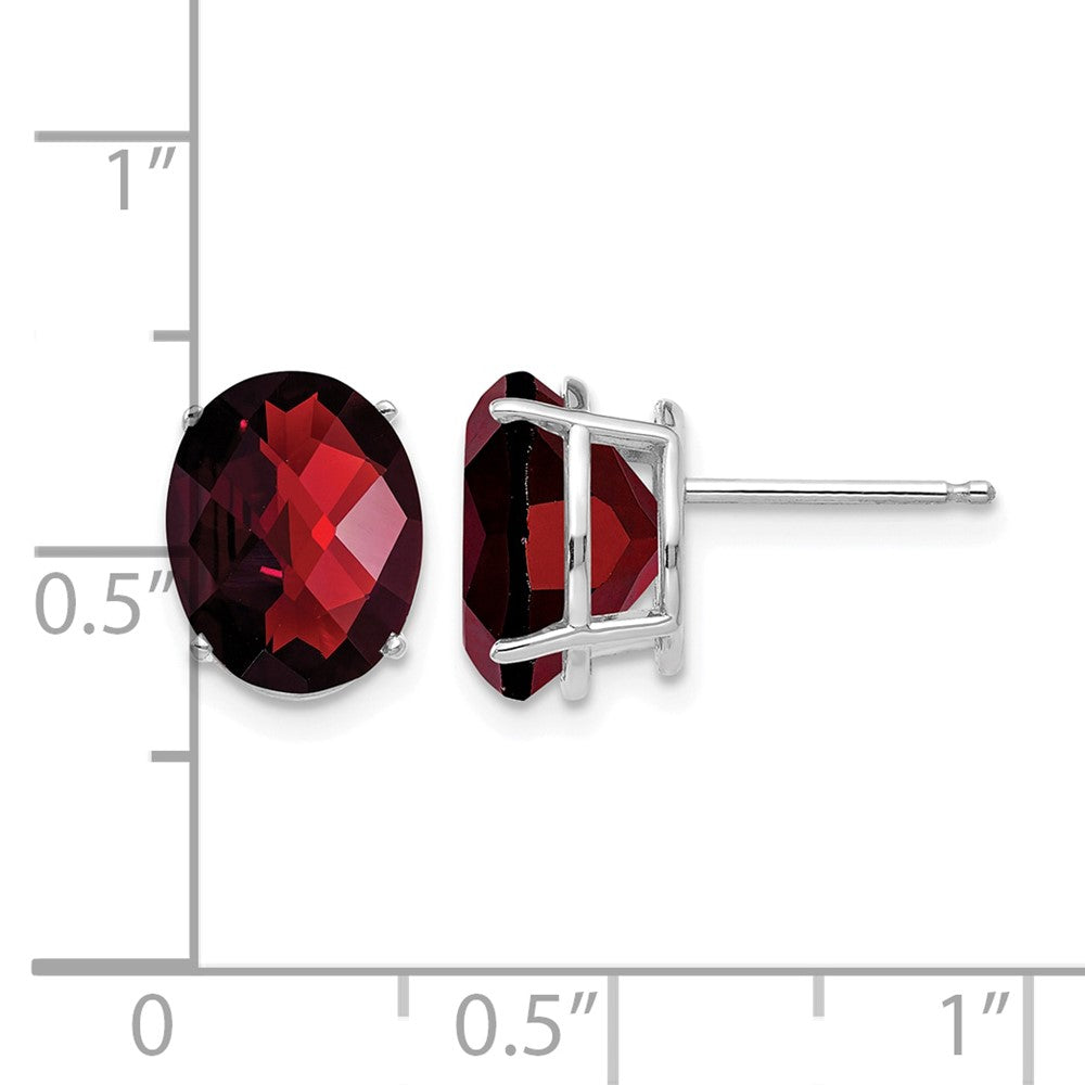14k White Gold 10x8mm Oval Checker-cut Garnet Post Earrings