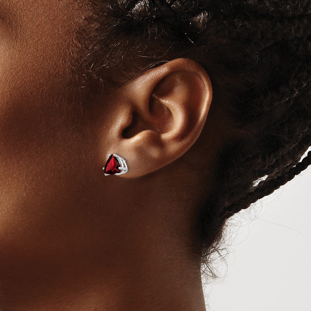 14k White Gold 7mm Trillion Garnet Post Earrings