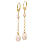 14k 5-8mm Pink Rice and Semi-Round Freshwater Cultured Pearl Chain Dangle Leverback Earrings