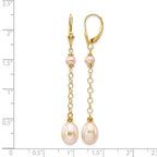 14k 5-8mm Pink Rice and Semi-Round Freshwater Cultured Pearl Chain Dangle Leverback Earrings