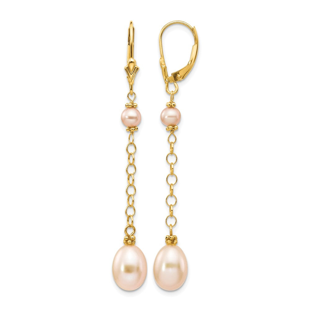 14k 5-8mm Pink Rice and Semi-Round Freshwater Cultured Pearl Chain Dangle Leverback Earrings