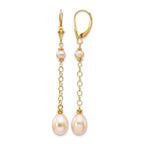14k 5-8mm Pink Rice and Semi-Round Freshwater Cultured Pearl Chain Dangle Leverback Earrings