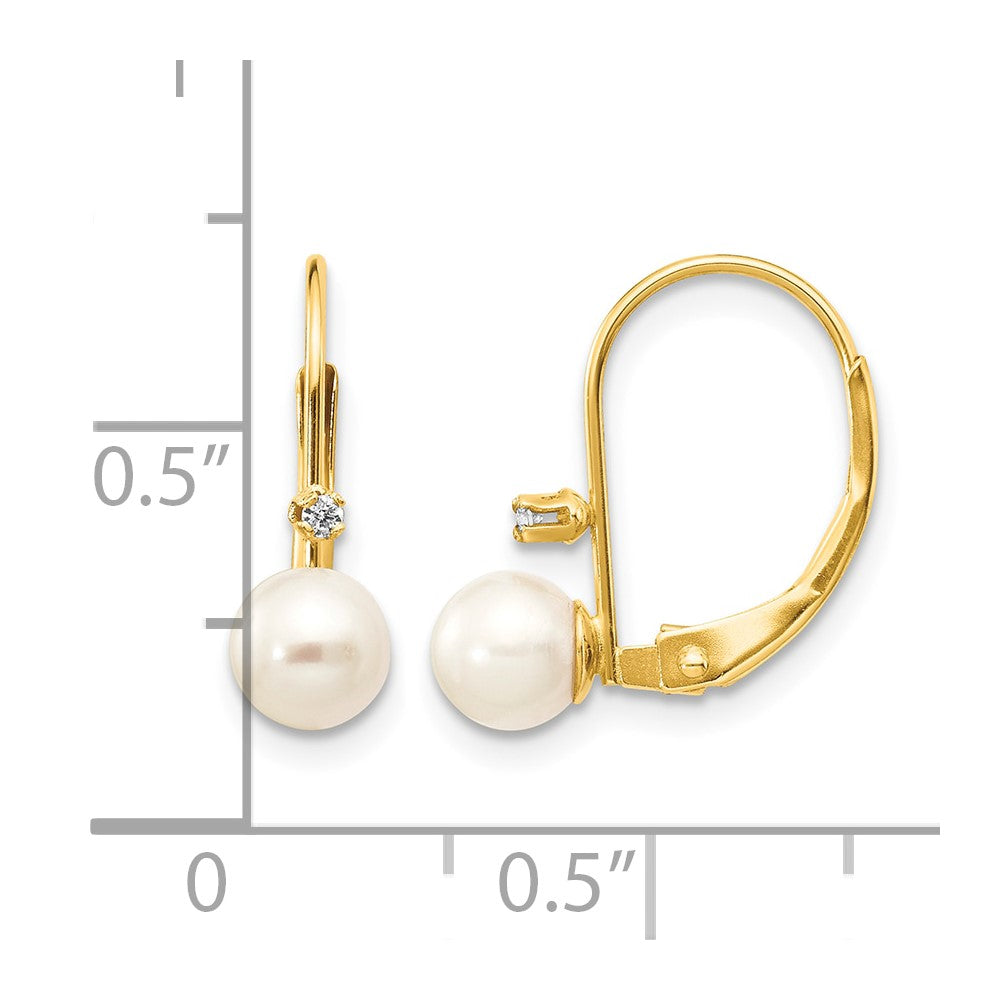 14k 5-6mm White Round Freshwater Cultured Pearl and .02 Carat Diamond Leverback Earrings