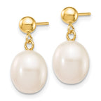 14k 8-9mm White Rice Freshwater Cultured Pearl Post Dangle Earrings