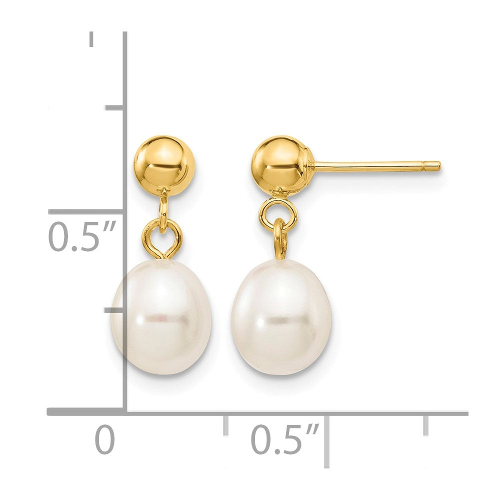 14k 6-7mm White Rice Freshwater Cultured Pearl Dangle Post Earrings