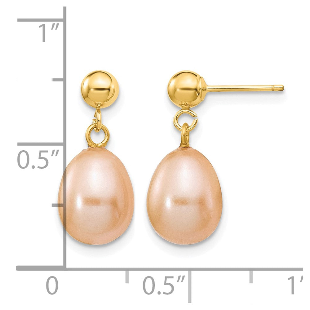 14k 8-9mm Pink Rice Freshwater Cultured Pearl Dangle Post Earrings