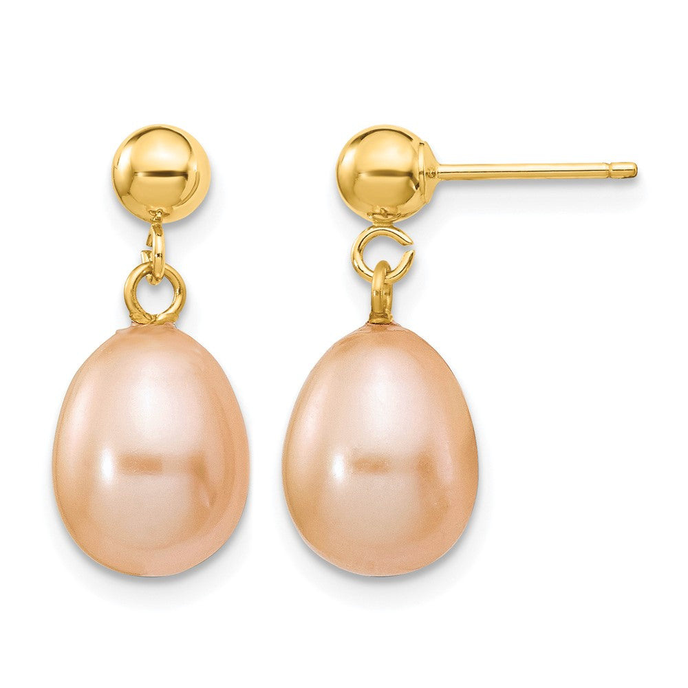 14k 8-9mm Pink Rice Freshwater Cultured Pearl Dangle Post Earrings