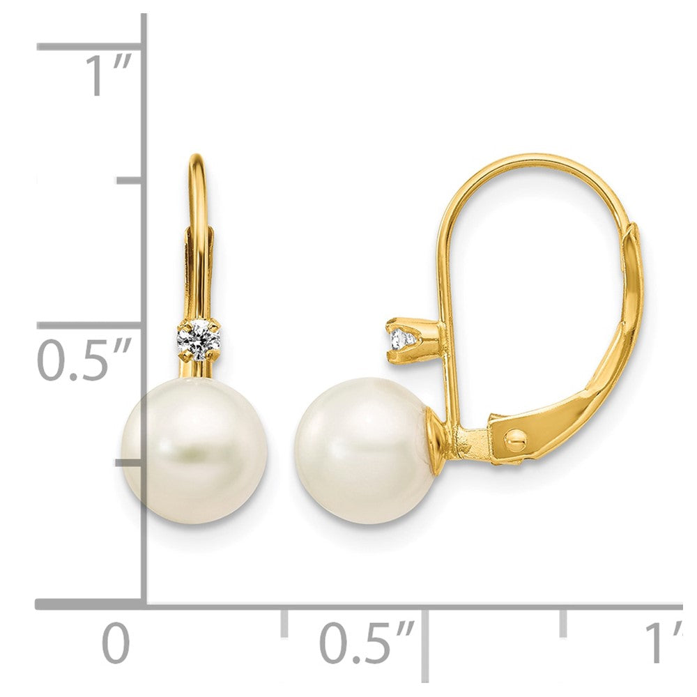 14k 6-7mm White Round Freshwater Cultured Pearl and .06 Carat Diamond Leverback Earrings