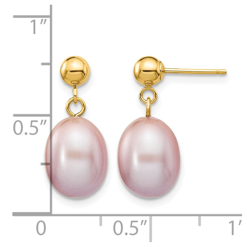 14k 8-9mm Purple Rice Freshwater Cultured Pearl Dangle Post Earrings