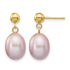 14k 8-9mm Purple Rice Freshwater Cultured Pearl Dangle Post Earrings