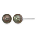 14k White Gold 9-10mm Black Round Tahitian Saltwater Cultured Pearl Post Earrings