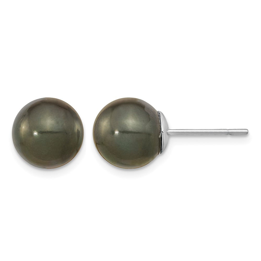 14k White Gold 10-11mm Black Round Tahitian Saltwater Cultured Pearl Post Earrings