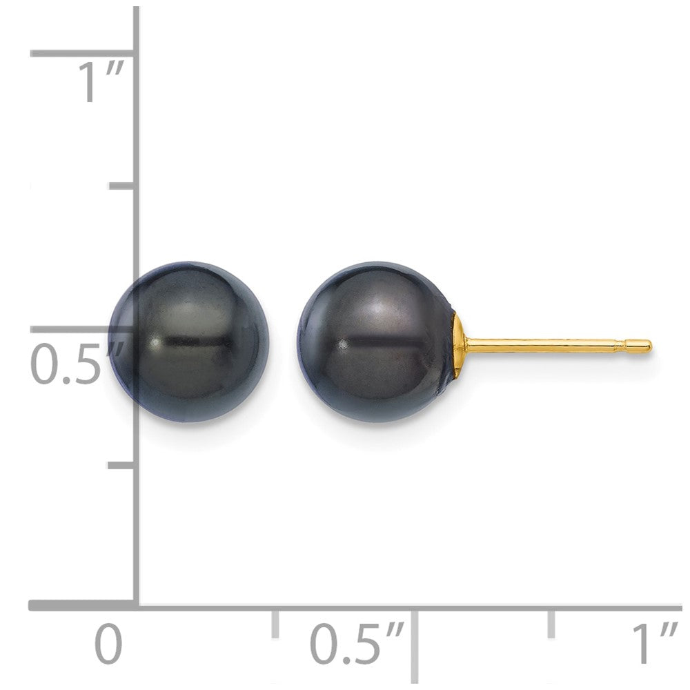 14k 7-8mm Black Round Akoya Saltwater Cultured Pearl Post Earrings