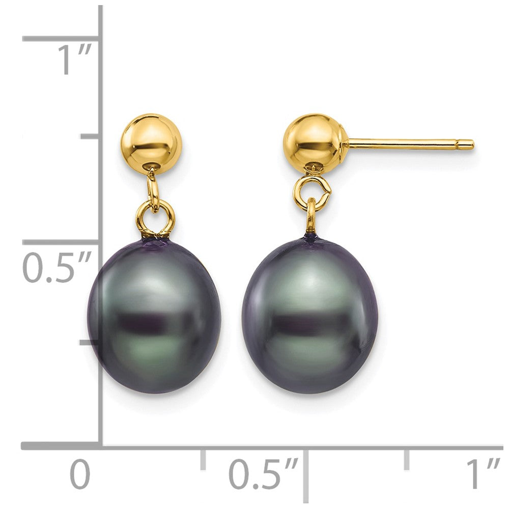 14k 8-9mm Black Rice Freshwater Cultured Pearl Dangle Post Earrings