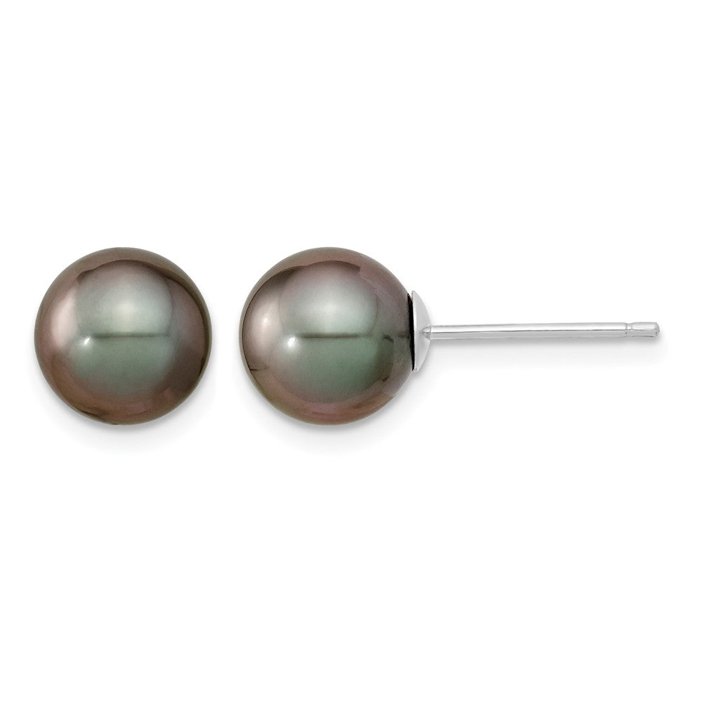 14k White Gold 8-9mm Black Round Tahitian Saltwater Cultured Pearl Post Earrings