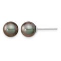 14k White Gold 8-9mm Black Round Tahitian Saltwater Cultured Pearl Post Earrings