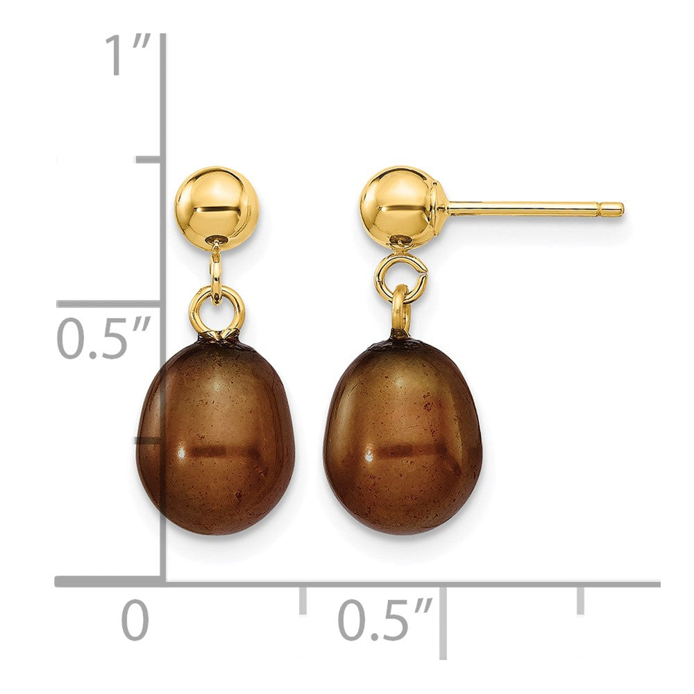 14k 7-8mm Brown Rice Freshwater Cultured Pearl Dangle Post Earrings