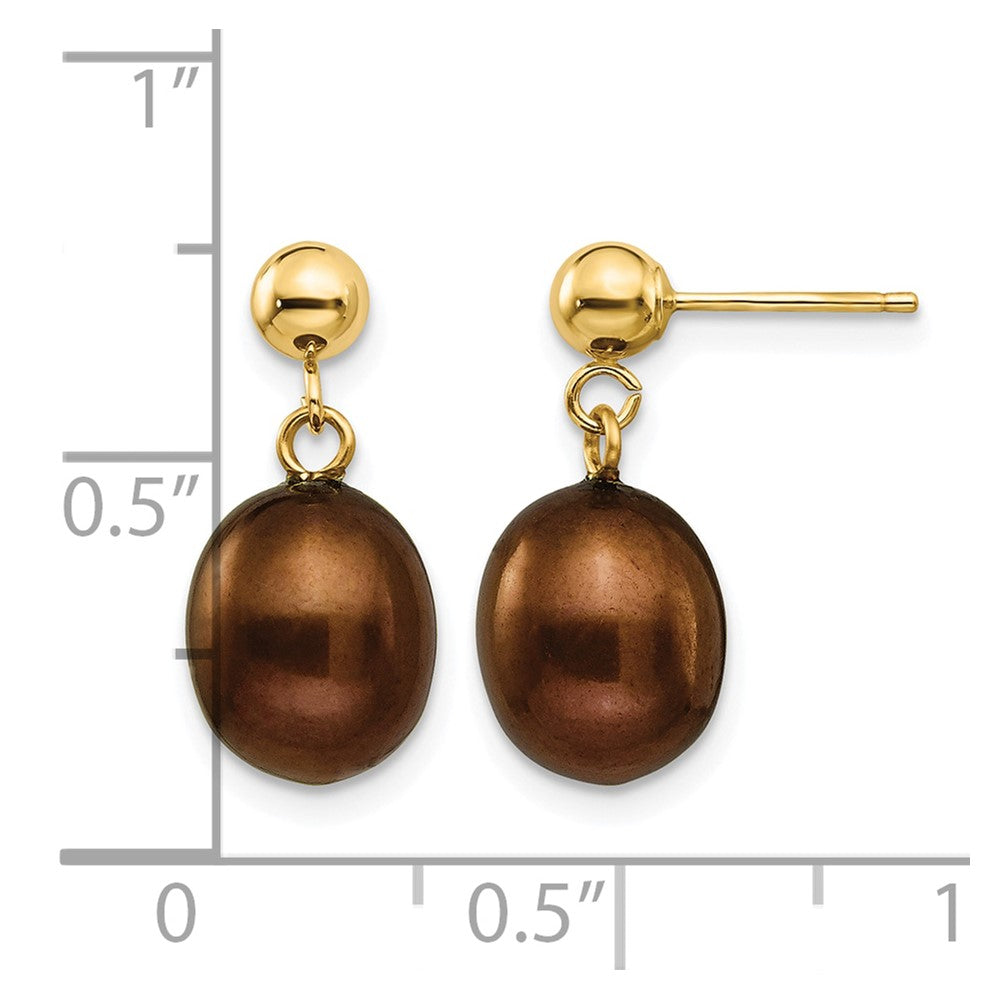 14k 8-9mm Brown Rice Freshwater Cultured Pearl Dangle Post Earrings