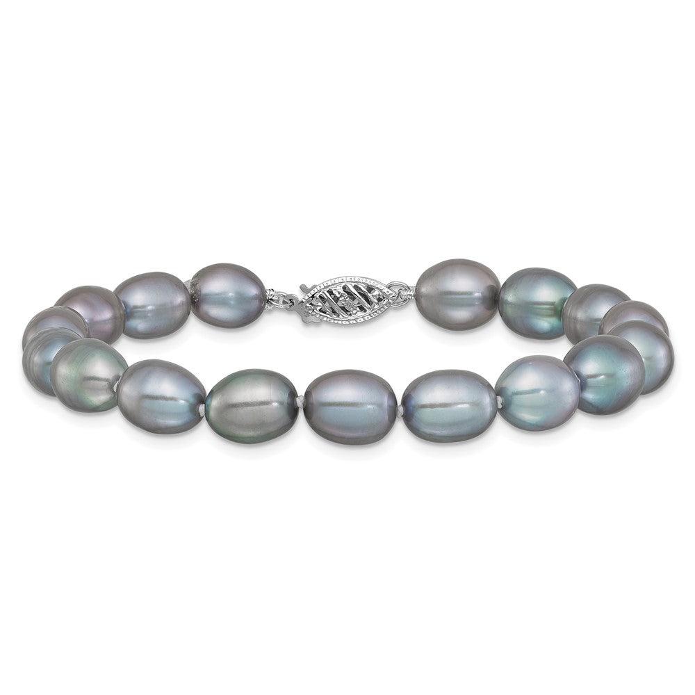 14k White Gold 8-9mm Grey Rice Freshwater Cultured Pearl 7.25 inch Bracelet