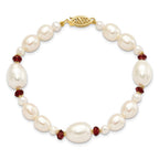 14K 6-7mm White Semi-Round and Rice Freshwater Cultured Pearl and Garnet Beads 7.25 inch Bracelet