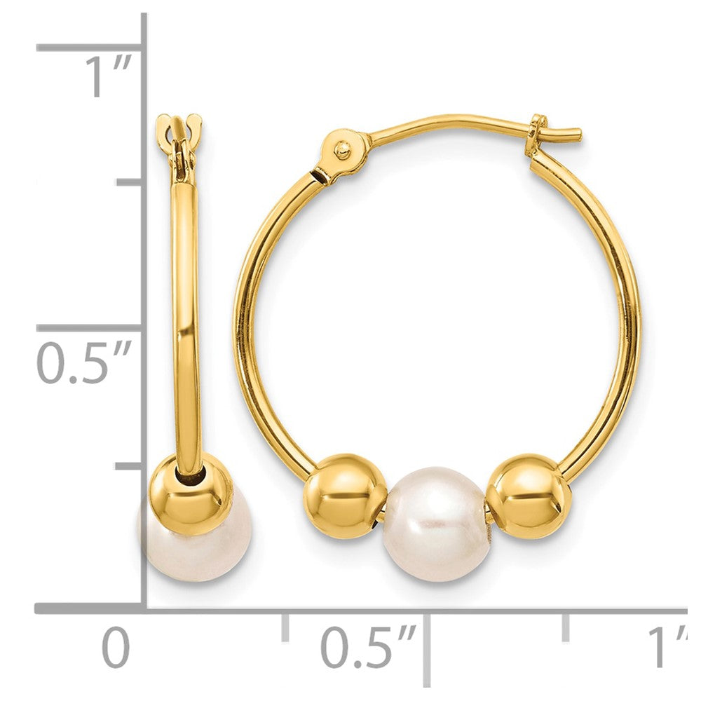 14K 5-6mm White Semi-round Freshwater Cultured Pearl and Beads Polished Hoop Earring