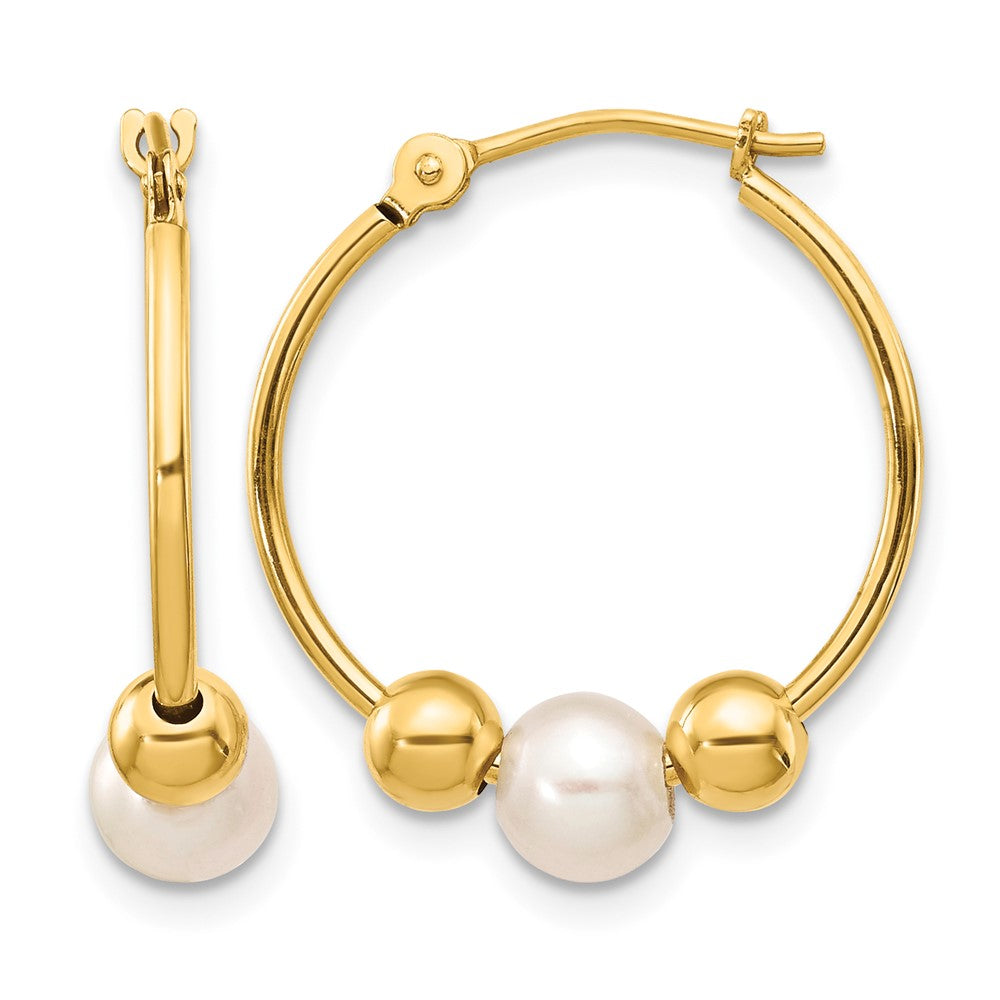 14K 5-6mm White Semi-round Freshwater Cultured Pearl and Beads Polished Hoop Earring