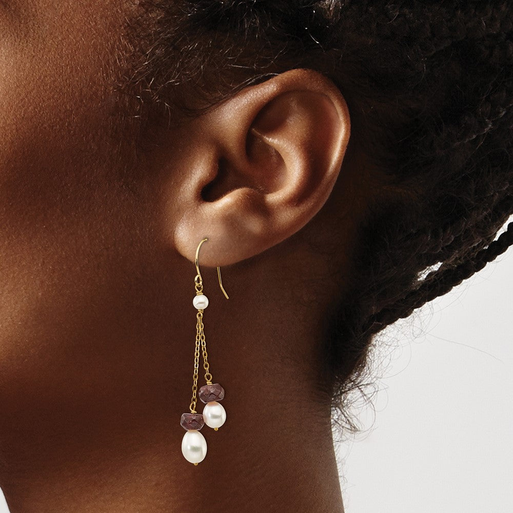 14k 6-7mm White Rice Freshwater Cultured Pearl and 4.0GA Garnet Double Chain Dangle Earrings